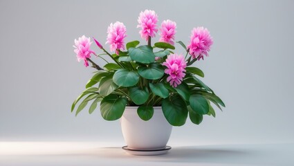 Fototapeta premium Isolated pink flowering plant in a white pot on white backdrop