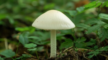 A fresh, small, and delicate common mushroom with a smooth white cap and slender stem.