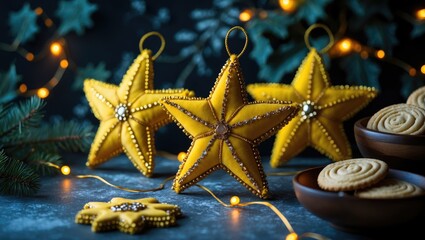 Embroidered yellow snowflakes displayed with cookies