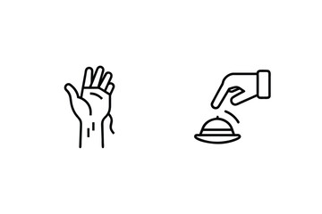 Hand gesture and bellhop icon signifying requesting service or attention using outline style