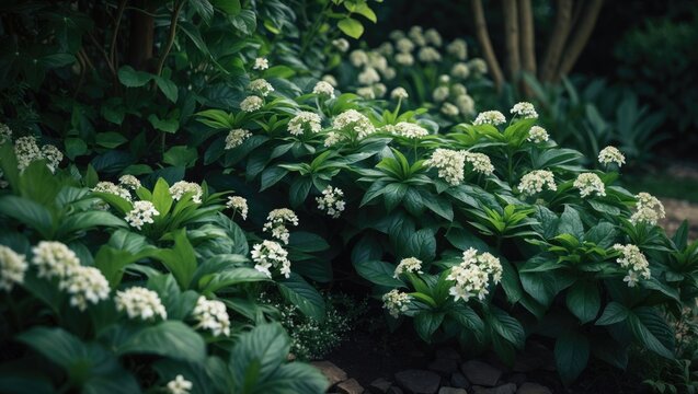 A shady garden with traditional herbs in bloom