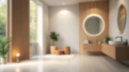 Blurred background of serene scandinavian bathroom interior featuring natural wood accents, bright lighting, and minimalist design elements for a contemporary oasis.