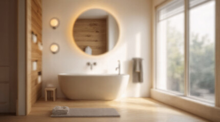 Blurred background of serene scandinavian bathroom interior featuring natural wood accents, bright lighting, and minimalist design elements for a contemporary oasis.