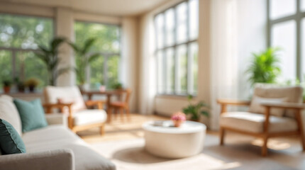 Fototapeta premium Blurred background of a bright and airy modern living room featuring natural light, cozy decor, and inviting seating arrangements, creating a peaceful and stylish atmosphere.