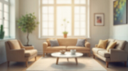 Blurred background of a bright and airy modern living room featuring natural light, cozy decor, and inviting seating arrangements, creating a peaceful and stylish atmosphere.
