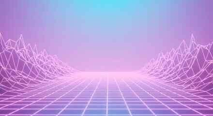 Retro Neon Grid Landscape: 80s Synthwave Background Stock Photo for Tech and Gaming Industries HD