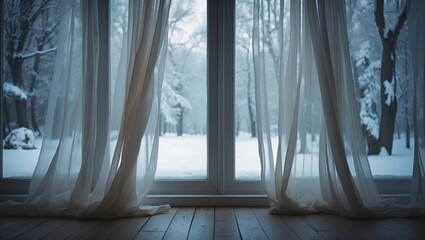 Wooden table and window view in a snowy landscape.