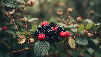 Harvesting ripe and unripe blackberries from the wild bush for a healthy diet and antioxidants