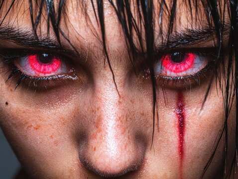 Intense close-up of a face with red eyes.