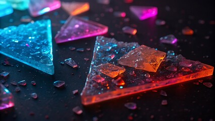 Broken glass shards with neon reflections, creating a dynamic and futuristic visual effect, perfect for cyberpunk designs, abstract art, and high-tech digital concepts