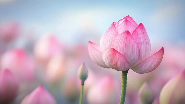 Close up view of a delicate pink lotus flower blooming amongst a field of other lotus flowers in soft focus