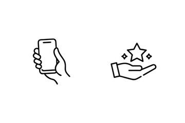 Simple black and white outline hand illustrations showing phone usage and star recognition