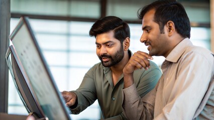 Two Indian Managers Analyzing KPI Dashboard on Large Monitor
