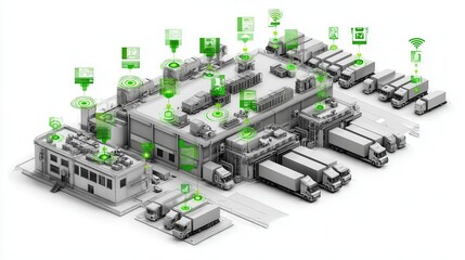Futuristic logistics hub with digital connectivity indicators