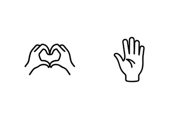 Minimalist black outline hand gestures representing love kindness and showing positive communication