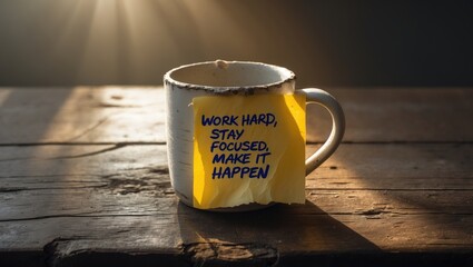 Kickstart your morning with inspiration: work hard, stay focused, and make it happen, displayed on a sticky note on a steaming cup.