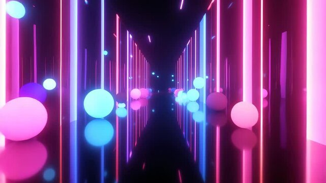 Glowing neon corridor with reflective floor and soft-colored bouncing balls. Vibrant sci-fi environment loop for immersive and techy content.

