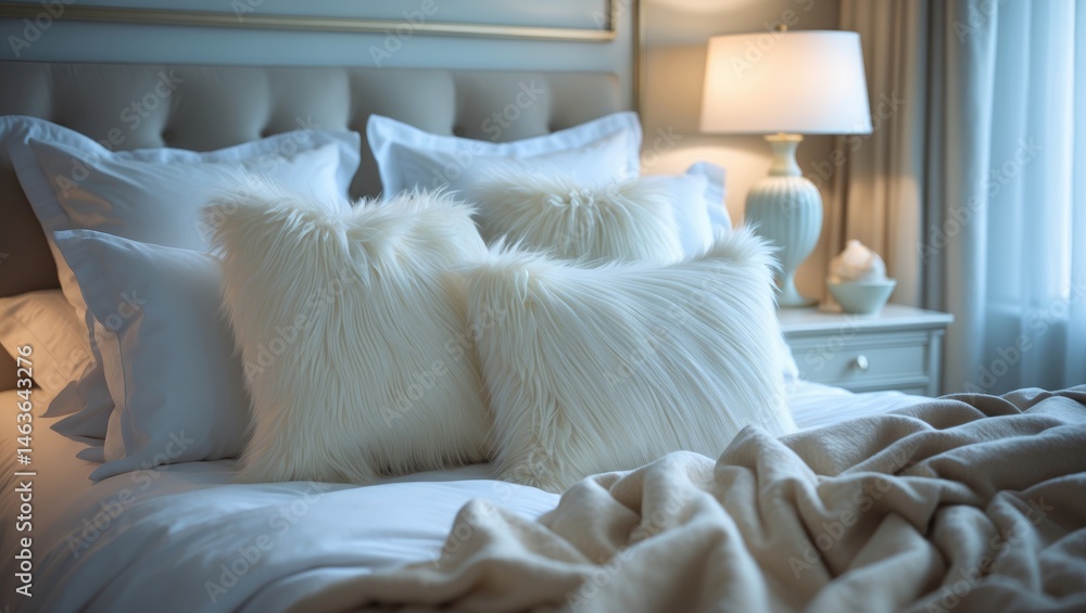 Poster a neatly arranged bed featuring multiple cushioned pillows and a warm throw blanket, illuminated by 