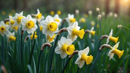 Fototapeta premium Blooming daffodils in the meadow: yellow, trumpet-shaped, and mullein among the flowers