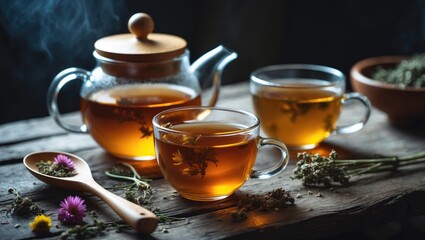 Herbal tea served alongside herbs on a wooden surface