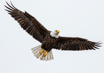Naklejka premium Bald eagle soars gracefully with wings fully extended against a bright, overcast sky