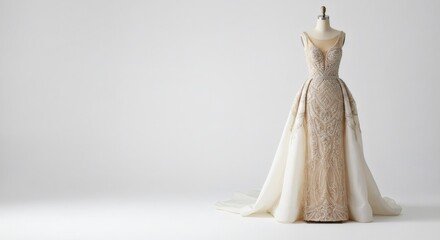 Beige Wedding Gown with Embellished Train: Bridal Fashion Stock Photography for Luxury and Premium Markets HD