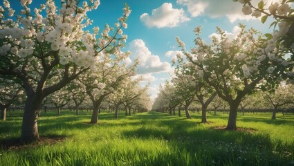 Fototapeta premium Spring day with blooming plum and apple trees in the orchard landscape