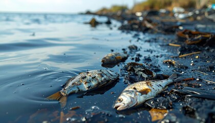 Dead fish floating on polluted water surface, surrounded by debris and black sludge, highlighting environmental degradation