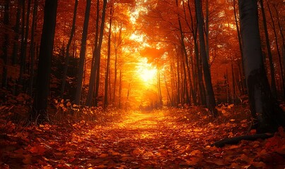 Fototapeta premium Sunlit autumn forest with golden leaves blanketing the ground and swirling in the breeze