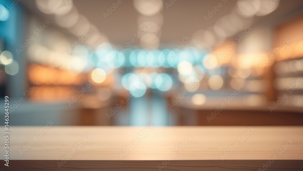 Poster retail shop scene featuring an empty table and blurred bokeh light backdrop for product presentation