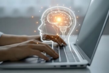 AI Technology. Human Interaction with Digital Intelligence on Laptop.