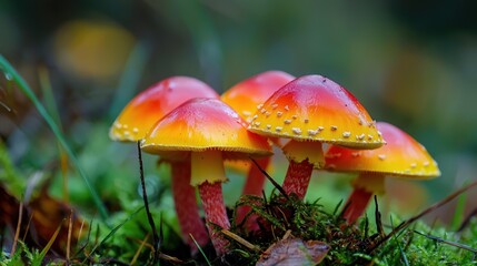 Fototapeta premium A small group of colorful mushrooms with rich red and yellow tones, captured in high detail.