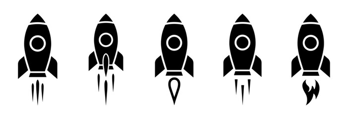 Minimalist rocket icons showing launch stages, ideal for startup branding, tech presentations, app interfaces, innovation campaigns, and creative digital projects. Rocket, spaceship, icon.