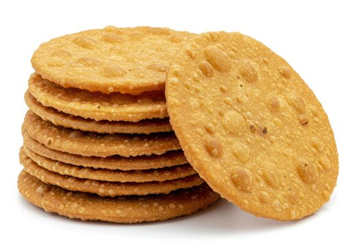Stack of crispy mathri snacks, a traditional indian savory biscuit, isolated on a white background