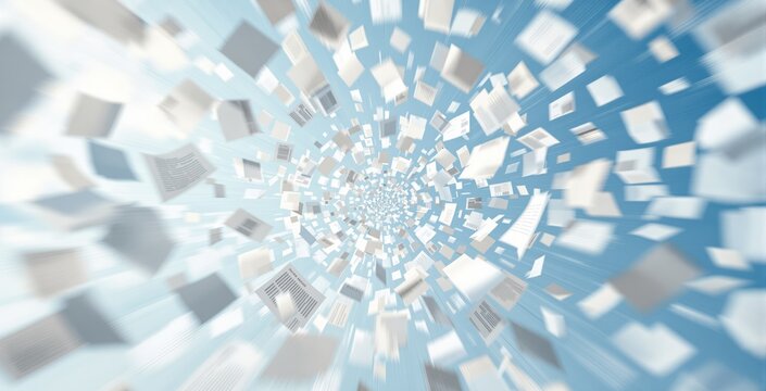 Numerous documents flying in a vortex pattern with motion blur effect, light blue background, symbolizing business data overload or digital transformation. Ai generative