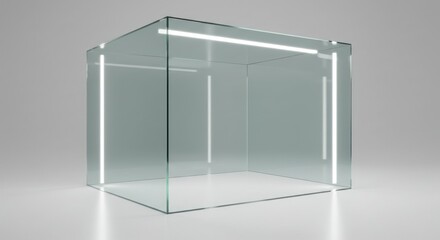 Glass cube with internal lighting on a neutral background.