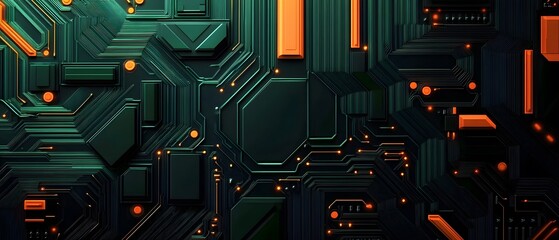 Digital Circuitry: a high-angle close-up showcases the complex arrangement of circuits, conductors, and microchips in a technologically advanced digital landscape. 