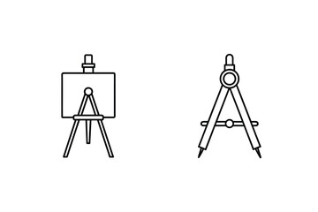 Simple line art illustration of an easel and a drawing compass on a white background