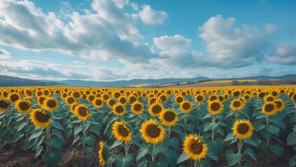 Fototapeta premium Vibrant sunflower flowering in a winter field with blue sky and white clouds overhead