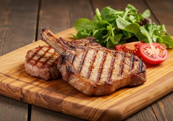 Grilled pork chops with bone on a wooden board, accompanied by fresh salad and tomato slices