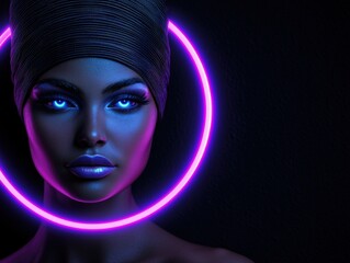 Striking portrait of a woman with neon circle halo.
