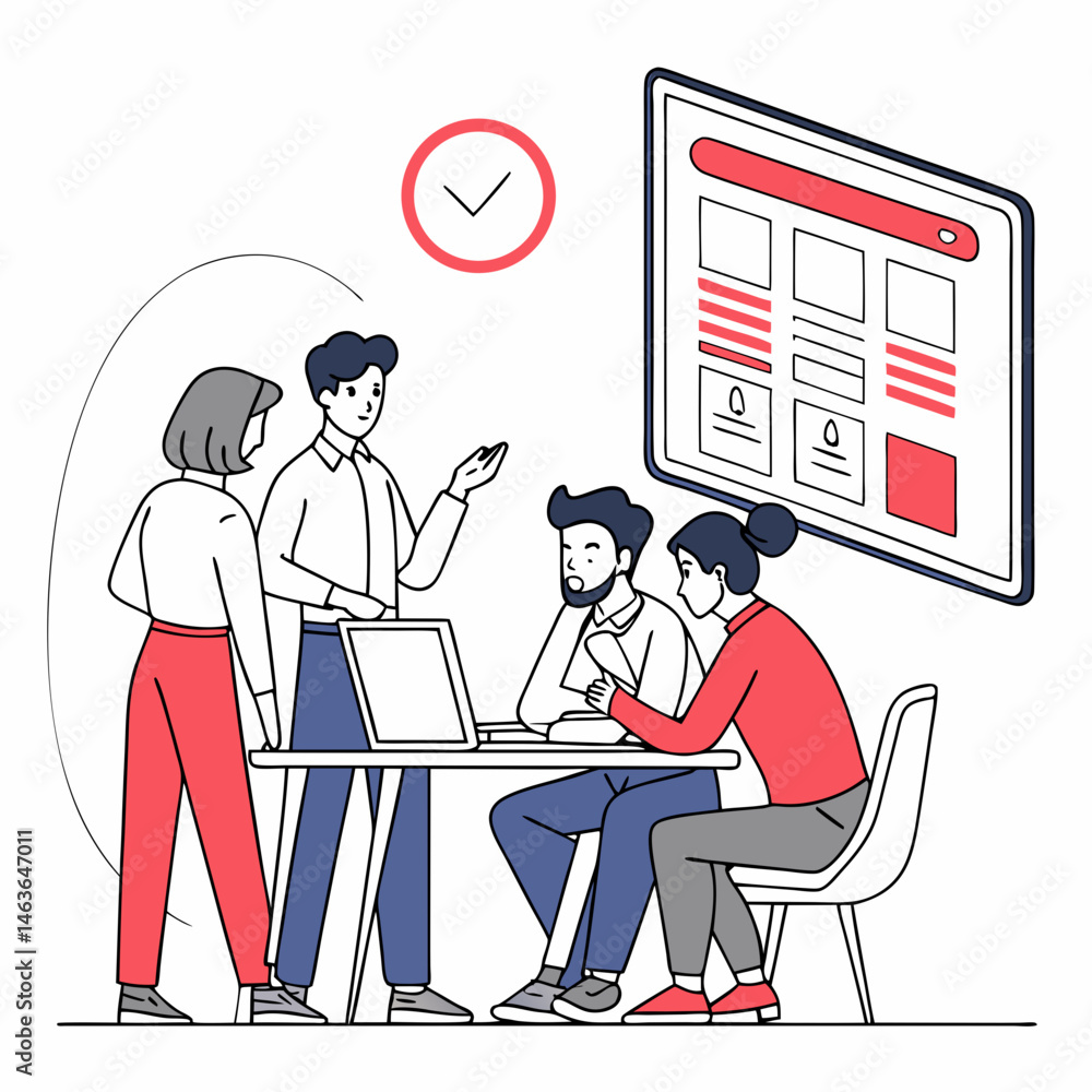 Poster team of professionals collaborating and reviewing a website design on a project