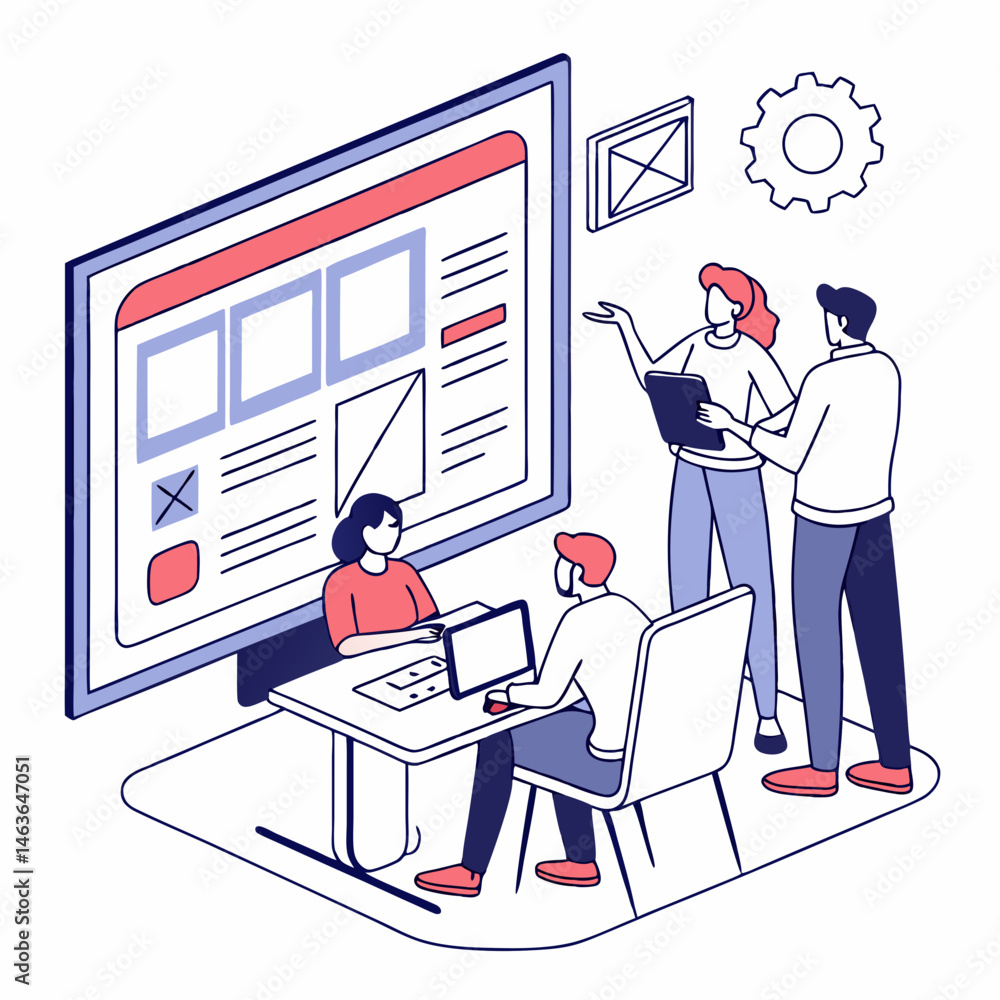 Poster team collaboration on a website design project with isometric style and flat illustration