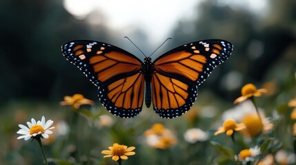 Fototapeta premium Monarch butterfly gracefully flits among vibrant wildflowers in a meadow.