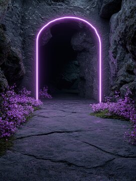 Mystical cave entrance with glowing purple neon archway.
