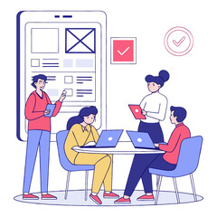 Team collaborating on a website or app interface design with laptops and devices.