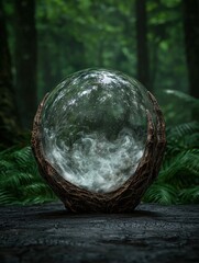 Mystical crystal ball with smoke in a lush forest.
