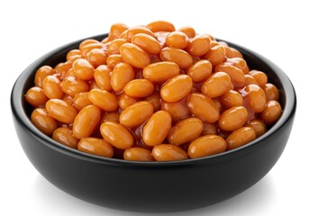 A bowl of baked beans with sauce, a popular breakfast side dish, on a white background