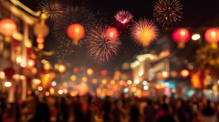 Blurred background of a New Year festival with fireworks and lanterns, people celebrating in the square.