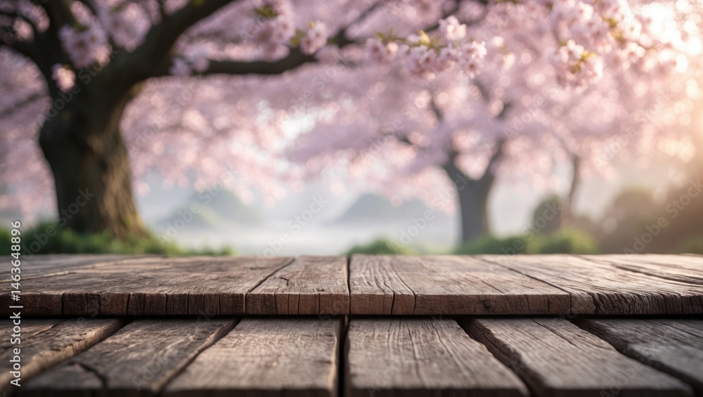 Poster display of products on a wooden table with a blossom tree scenery in the background